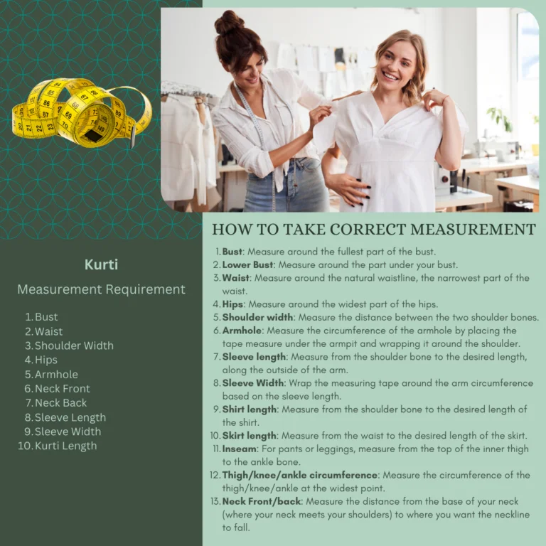 A picture showing the correct way of taking measurements for an indian kurti, a woman tailor holding a blouse on another woman's body.