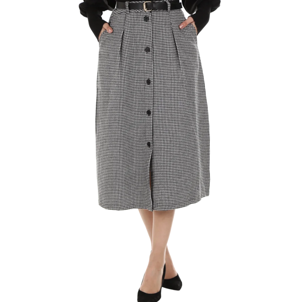 a woman wearing black check skirt with front open black buttons and black belt