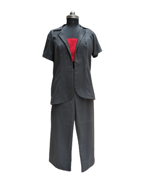 Black jacket with black pants and red crop top